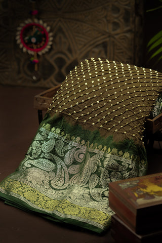 Bandhani Silk Olive Green Saree With Kanchi Border