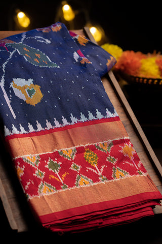 Ikat Silk Floral Jaal Royal Blue Saree