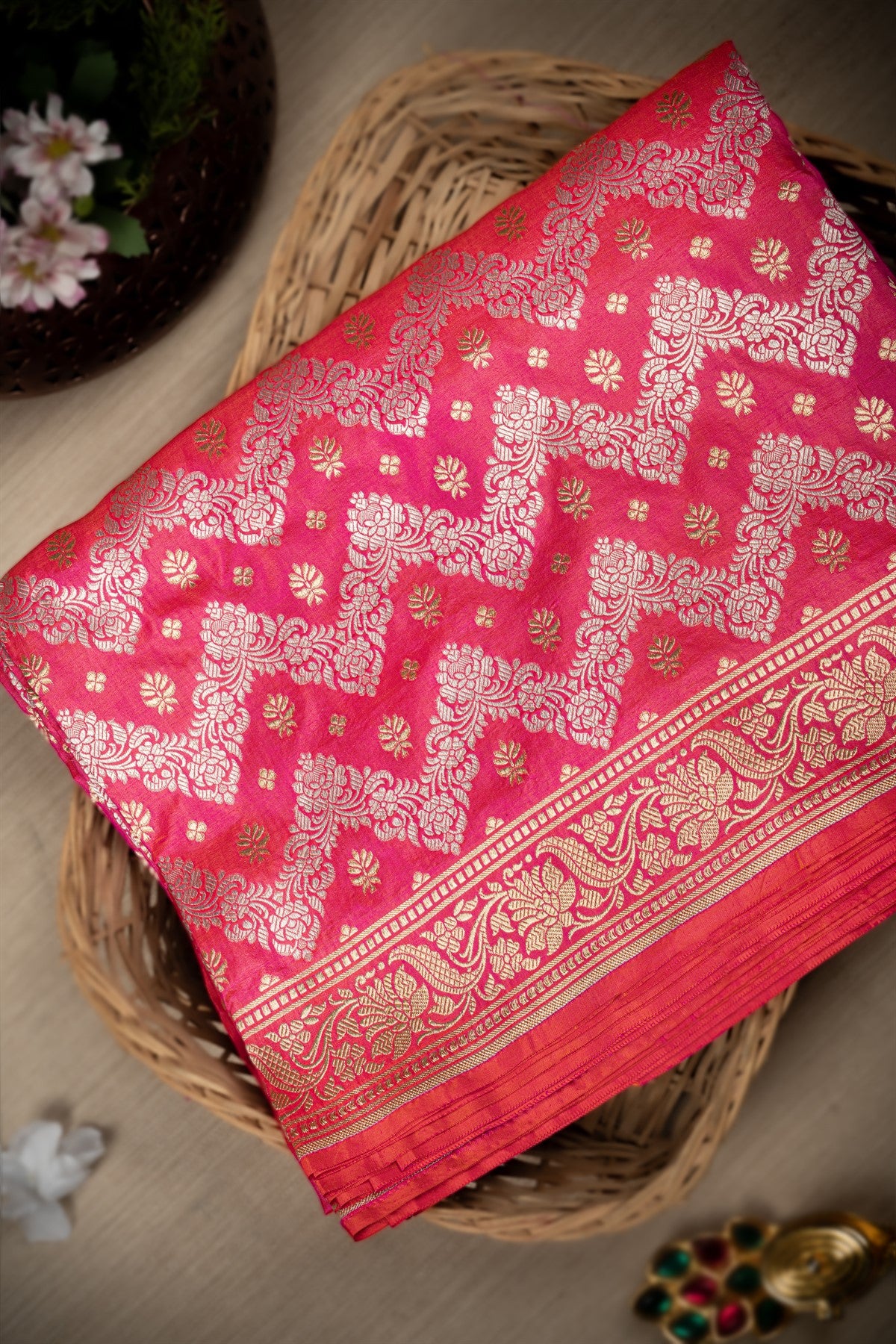 Banarasi Silk Floral Buttis Light Pink Saree