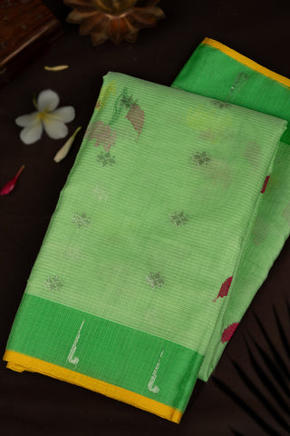 Zari Kota Cotton Floral Buttis Light Green Saree