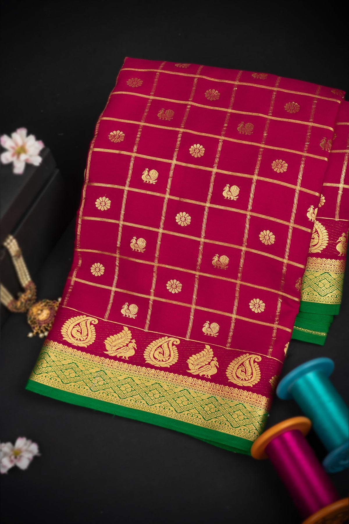 Mysore Crepe Checks Maroon Saree