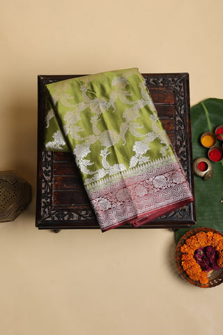 Designer Semi mashru Mehendi Green Saree