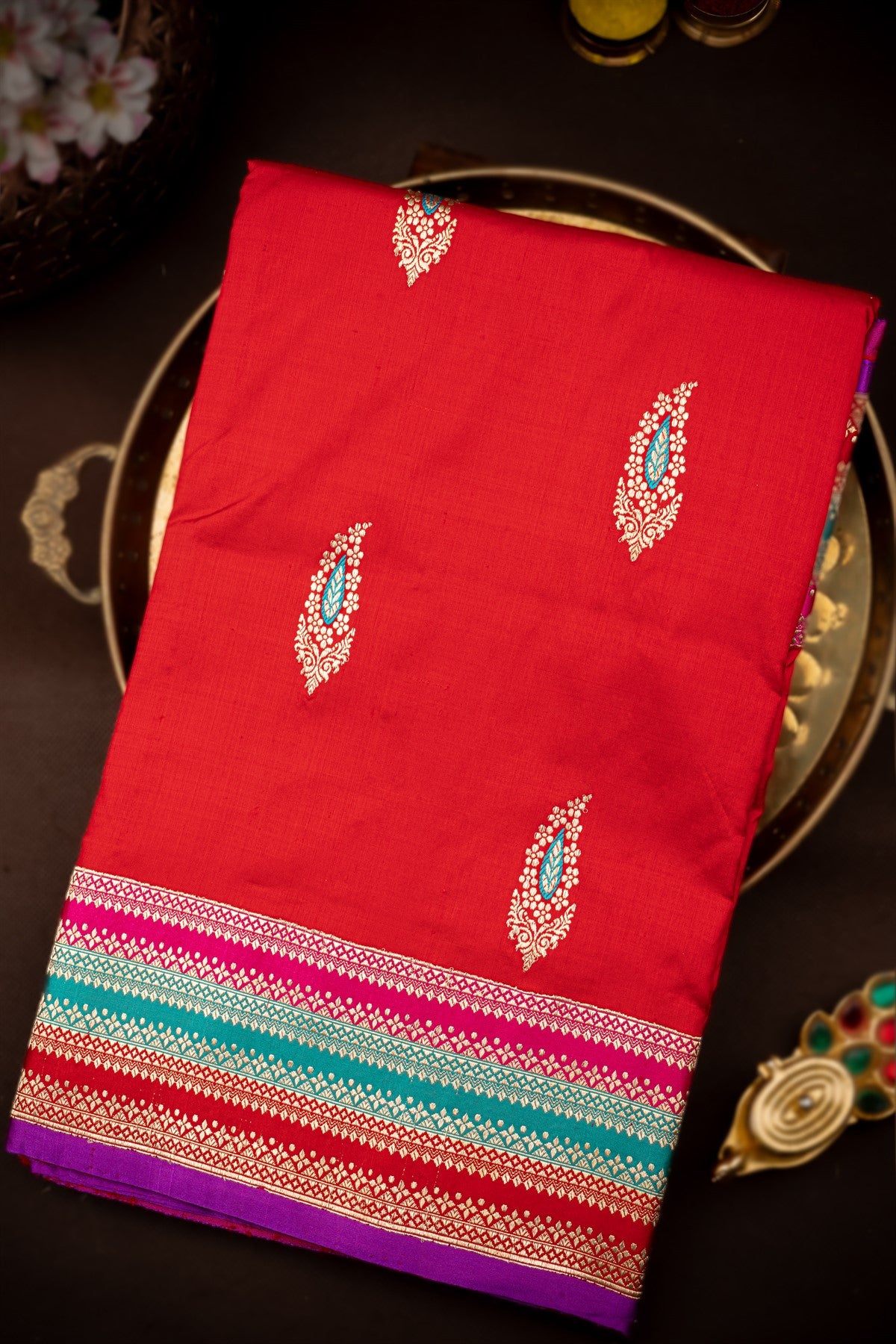 Banarasi Silk Leafy Buttis Red Saree