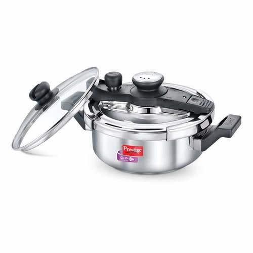 Prestige Clip-on Svachh Stainless Steel Spillage Control Pressure Cooker with Glass Lid, (Silver)