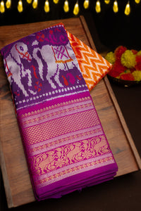 Mandir Orange & Royal Blue Kanchi Ikat Ikat Saree