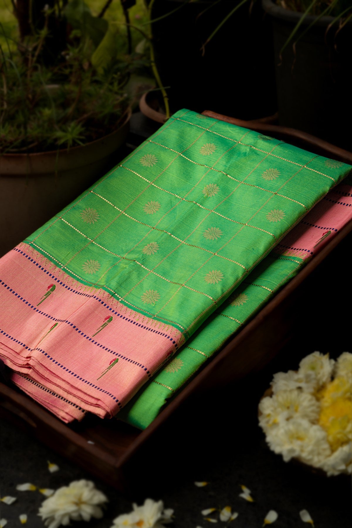 Mandir Green & Peach Pink Paithani Checks And Buttis Saree