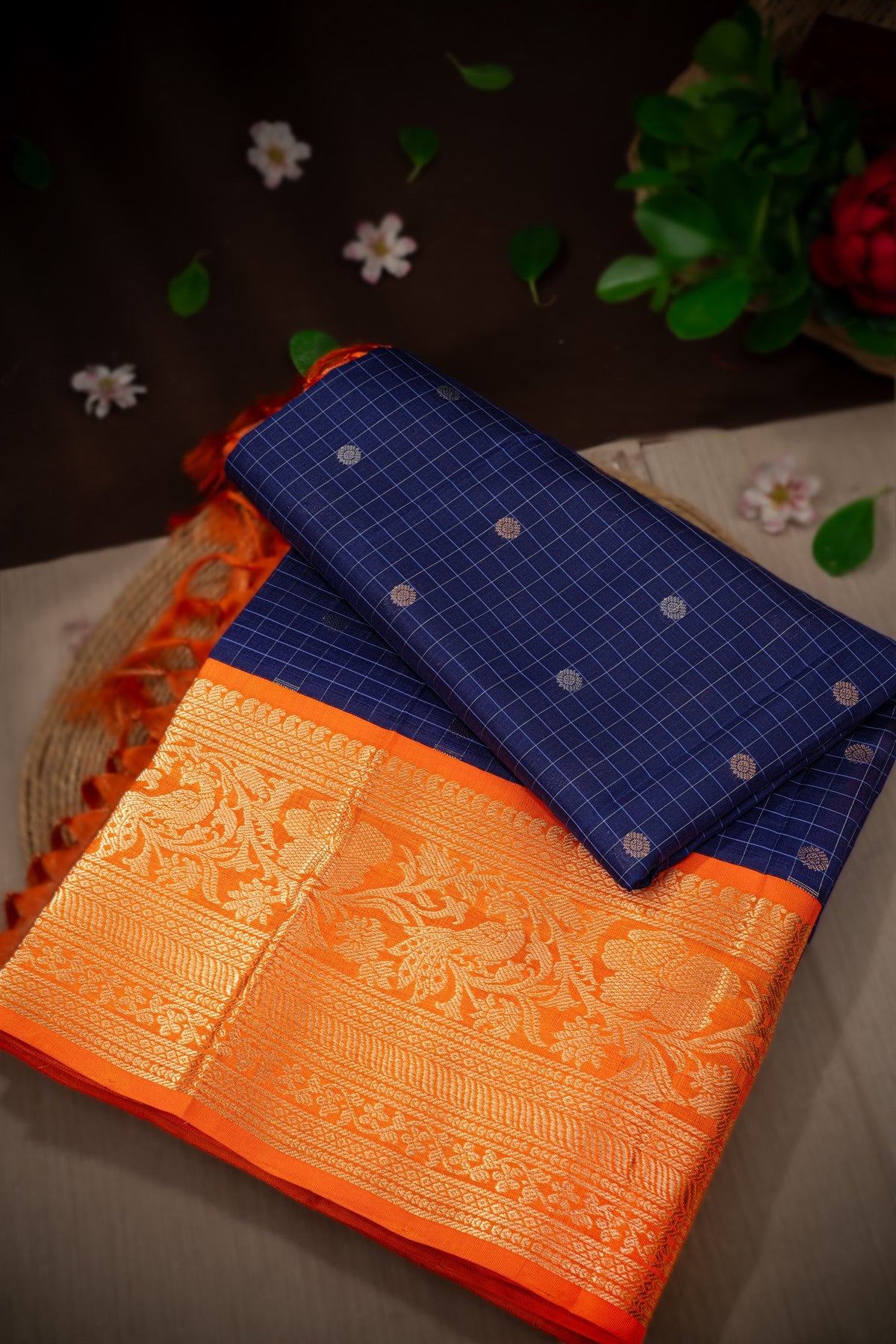 Mandir Navy Blue & Saffron Kuppadam Checks And Buttis Saree