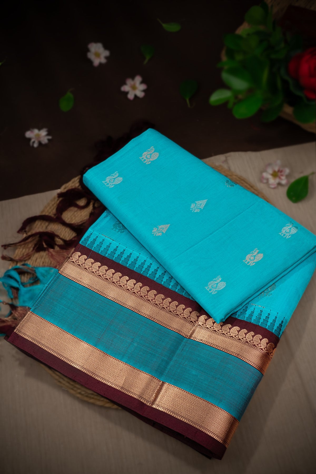 Mandir Sea Green & Brown Kuppadam Motifs Saree