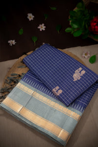 Mandir Navy Blue & Graphite Grey Kuppadam Checks And Buttis Saree