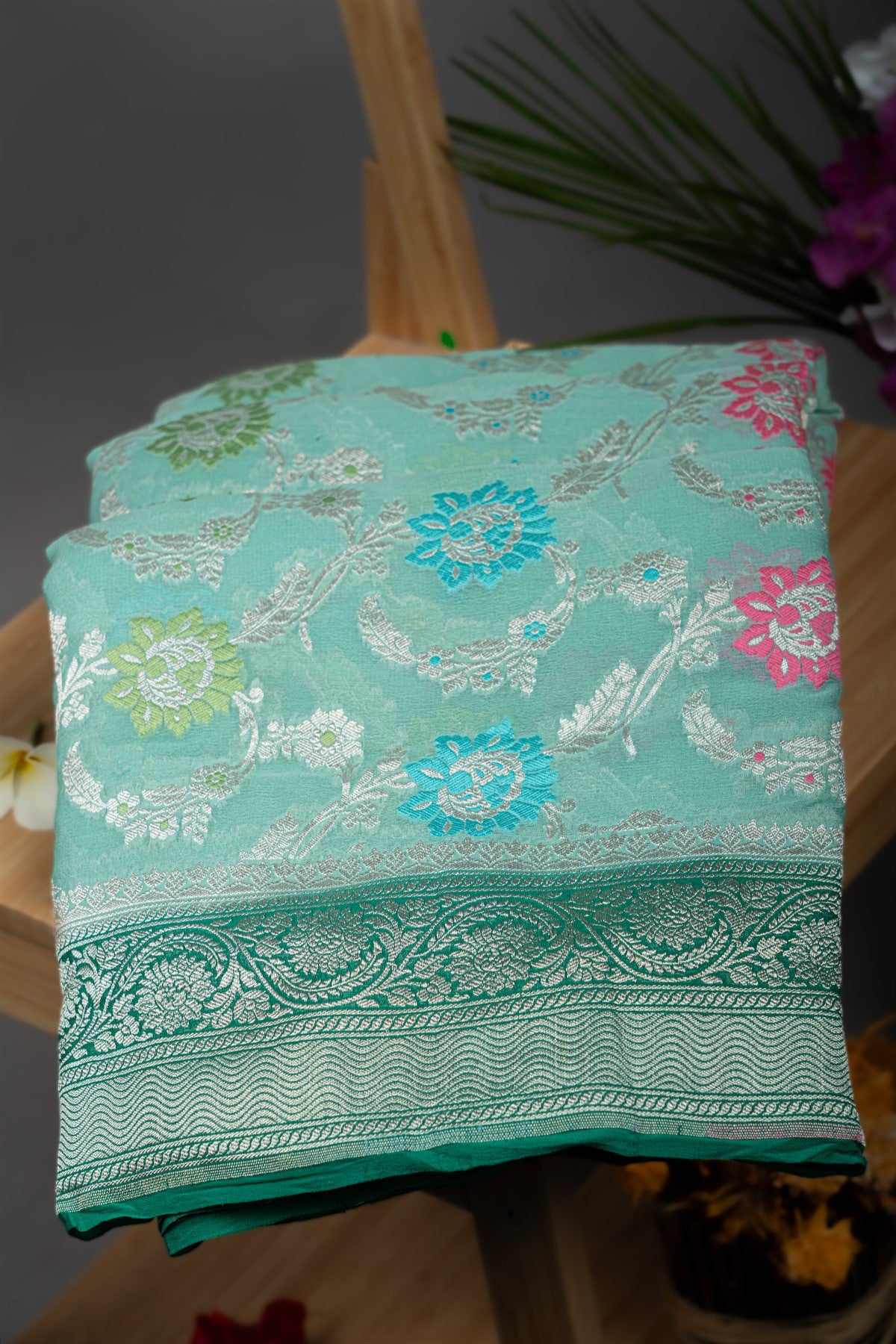 Mandir Sea Green & Green Banarasi Florals Saree