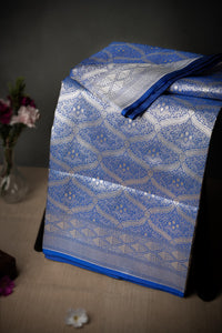 Mandir Royal Blue & Silver Banarasi Jaal Saree