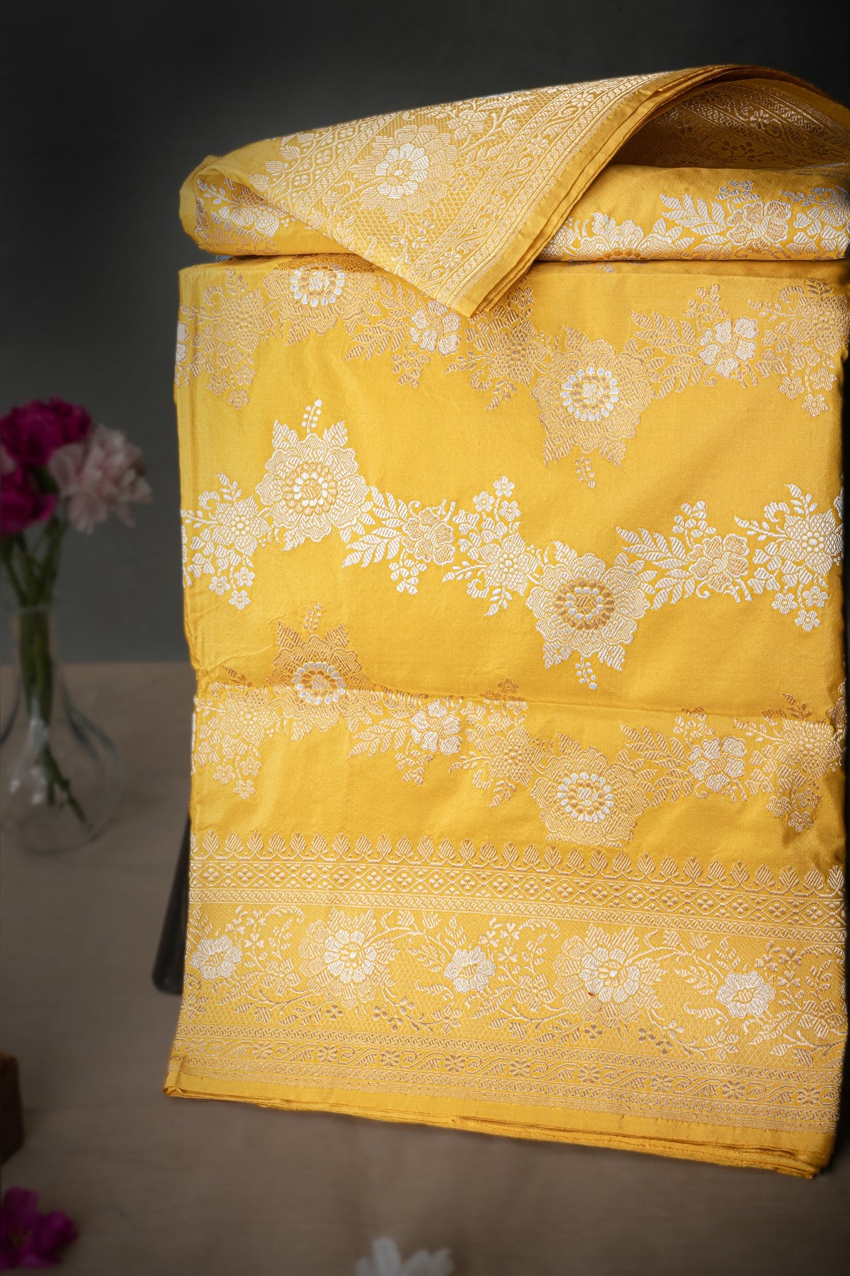 Mandir Yellow & Silver Banarasi Jaal Saree