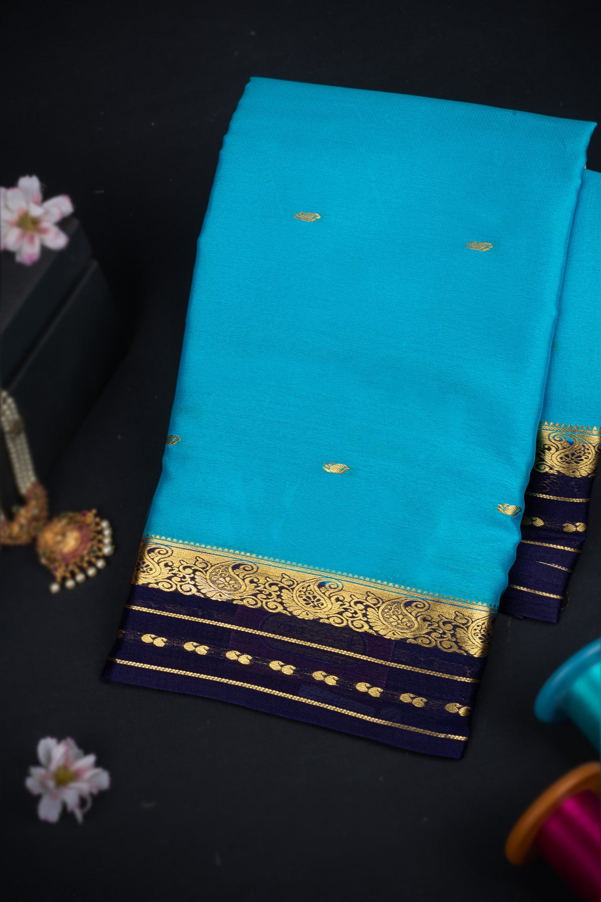 Varamahalakshmi Sky Blue & Navy Blue Mysore Buttis Saree