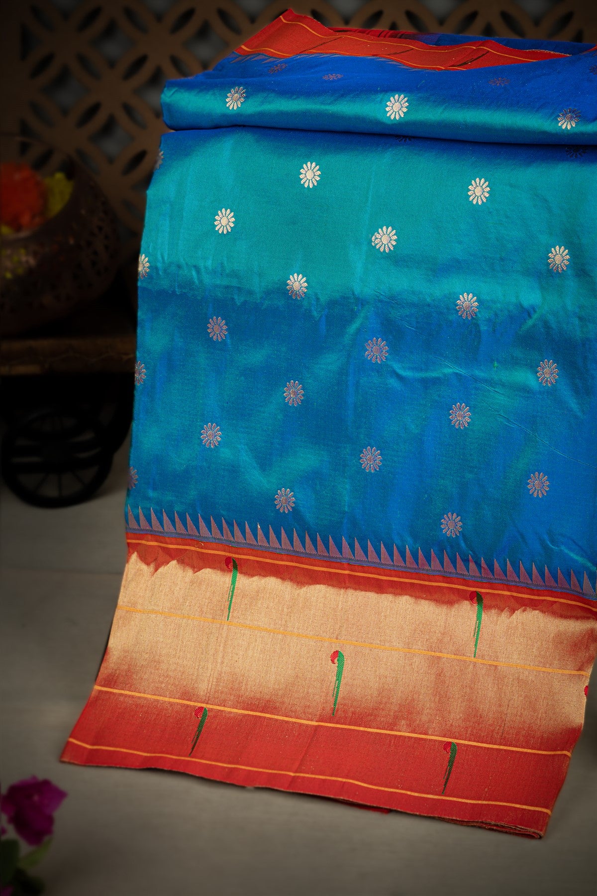 Varamahalakshmi Peacock Blue & Gold and Red Paithani Buttis Saree