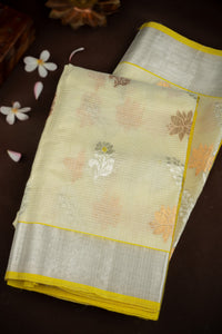 Varamahalakshmi Cream & Lime Yellow Zari Kota Jaal Saree