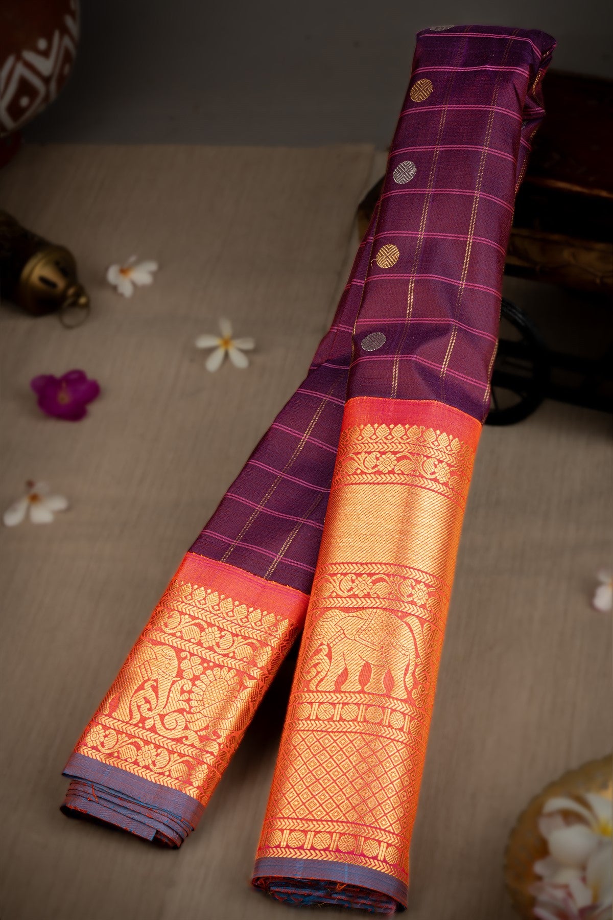 Varamahalakshmi Wine & Peach Pink Gadwal Checks And Buttis Saree