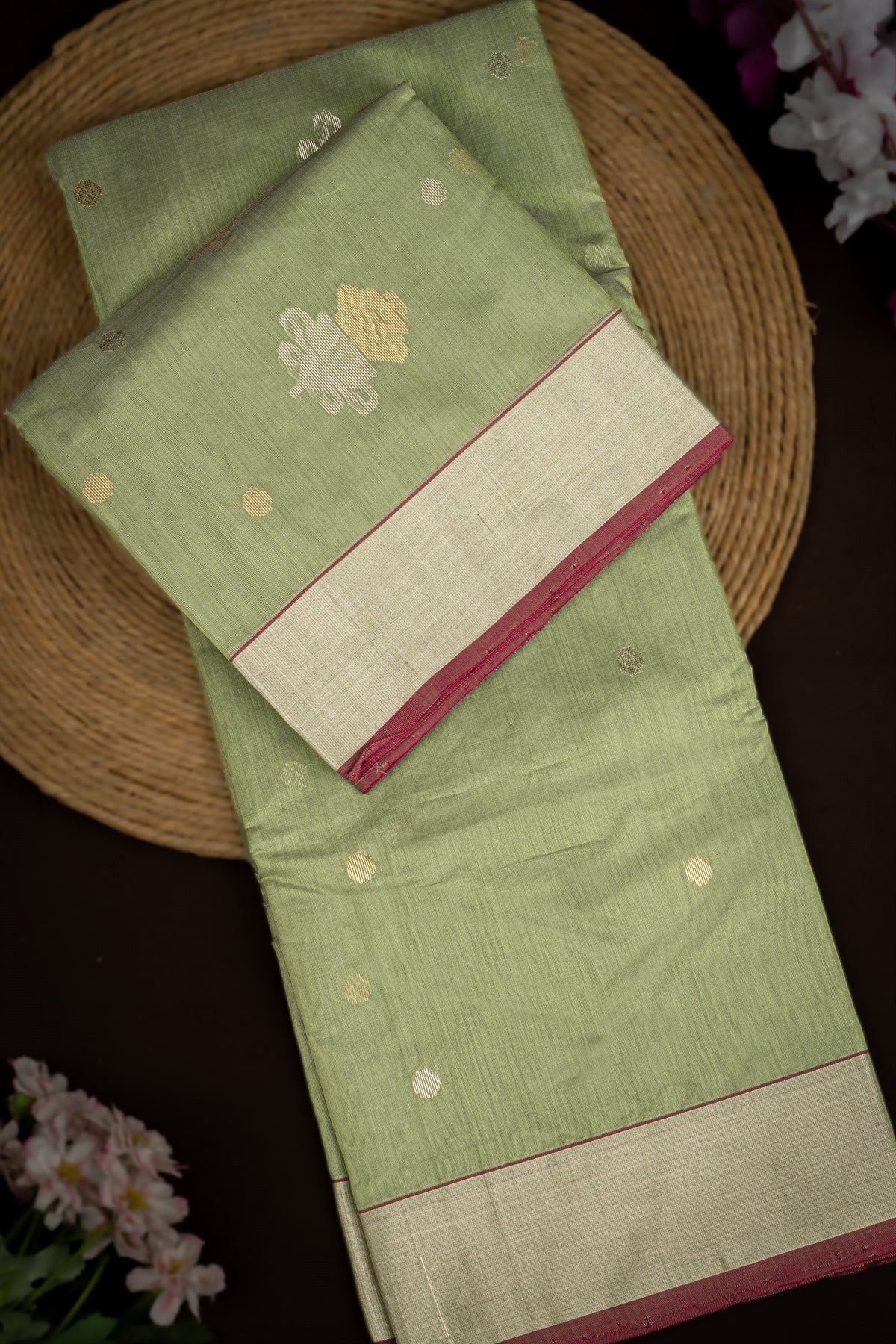 Mandir Pista Green & Magenta Chanderi Motifs Saree