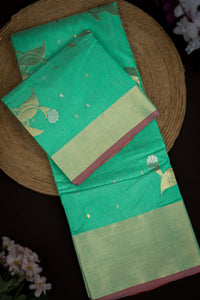 Mandir Sea Green & Gold Chanderi Floral Jaal Saree