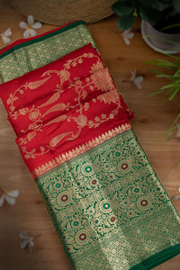 Mandir Red & Green Fancy Jaal Saree