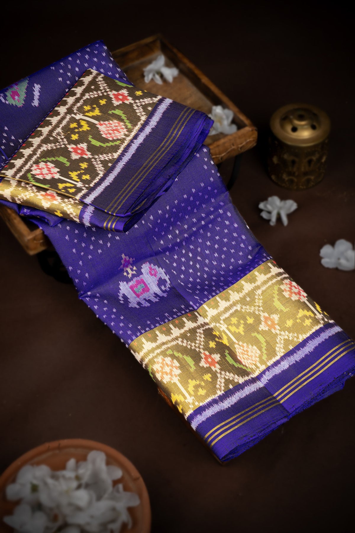 Mandir Royal Blue & Olive Green Patan Patola Ikat Saree